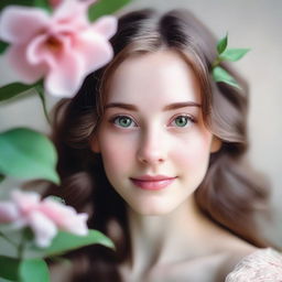 A close-up image of a beautiful, non-realistic girl with brown hair and green eyes, looking to the side while holding a pink flower