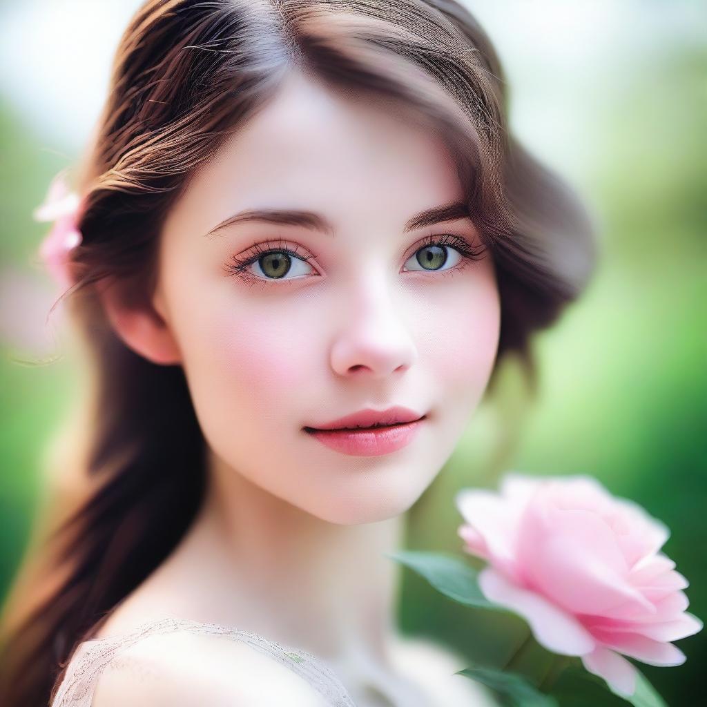 A close-up image of a beautiful, non-realistic girl with brown hair and green eyes, looking to the side while holding a pink flower