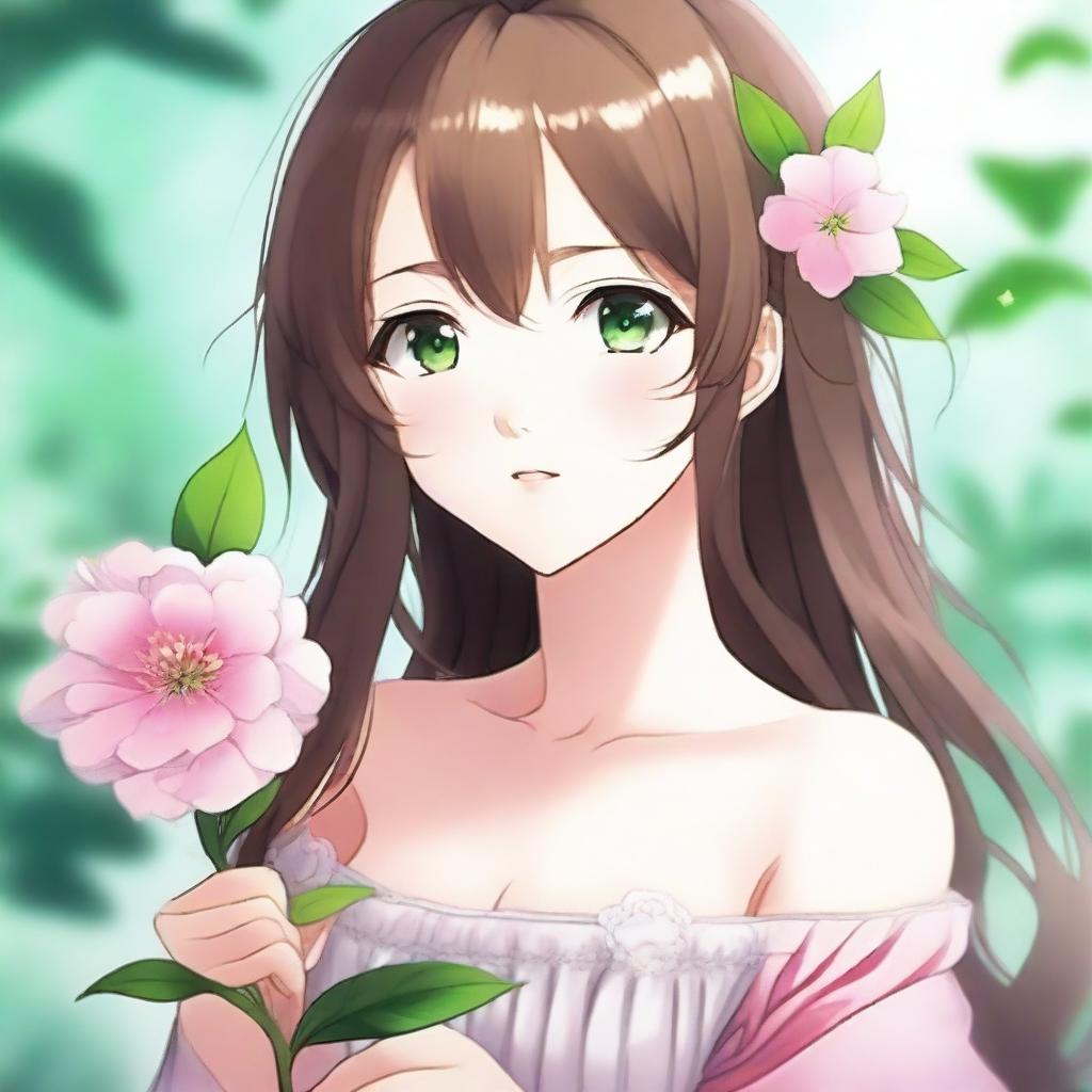 A close-up image of a beautiful anime girl with brown hair and green eyes, looking to the side while holding a pink flower