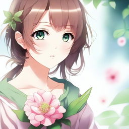 A close-up image of a beautiful anime girl with brown hair and green eyes, looking to the side while holding a pink flower