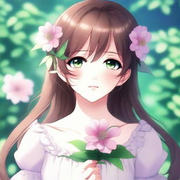 A close-up image of a beautiful anime girl with brown hair and green eyes, looking to the side while holding a pink flower