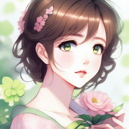 A close-up image of a beautiful anime girl with brown hair and green eyes, looking to the side while holding a pink flower