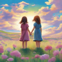 An emotional scene featuring two siblings standing in a vast meadow filled with blooming flowers