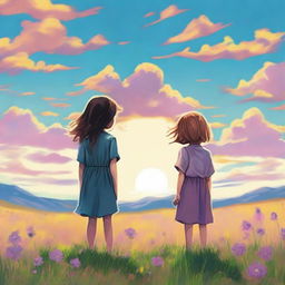 An emotional scene featuring two siblings standing in a vast meadow filled with blooming flowers