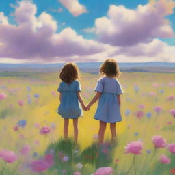 An emotional scene featuring two siblings standing in a vast meadow filled with blooming flowers