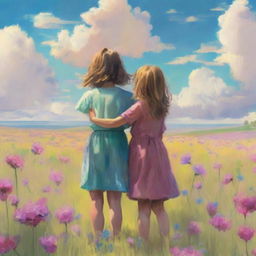 An emotional scene featuring two siblings standing in a vast meadow filled with blooming flowers