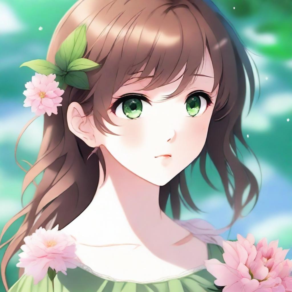 A close-up image of a beautiful anime girl with brown hair and green eyes, looking to the side while holding a pink flower