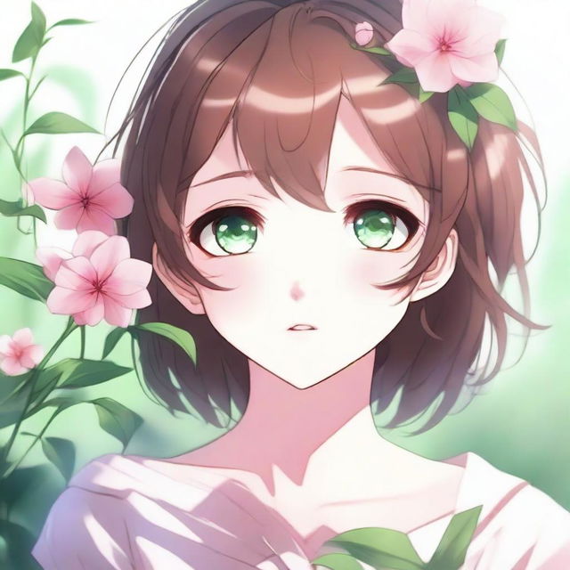 A close-up image of a beautiful anime girl with brown hair and green eyes, looking to the side while holding a pink flower