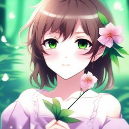 A close-up image of a beautiful anime girl with brown hair and green eyes, looking to the side while holding a pink flower