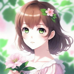 A close-up image of a beautiful anime girl with brown hair and green eyes, looking to the side while holding a pink flower