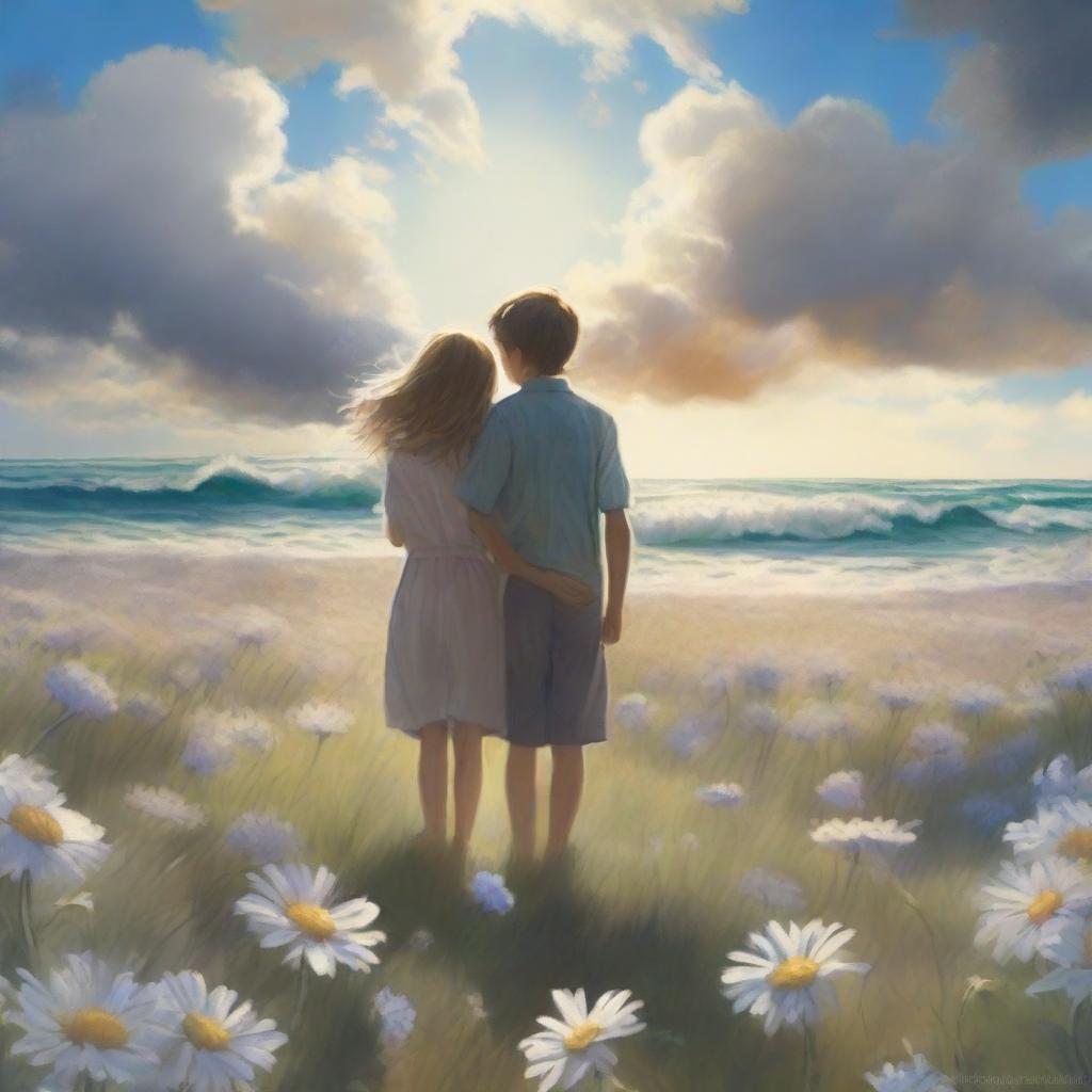 A heartfelt scene depicting two adult siblings standing together in a vast meadow of blooming flowers, symbolizing hope and dreams