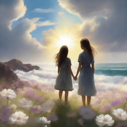 A heartfelt scene depicting two adult siblings standing together in a vast meadow of blooming flowers, symbolizing hope and dreams