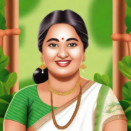 A portrait of a chubby Malayali (Mallu) aunty wearing traditional Kerala attire, with a warm and friendly expression