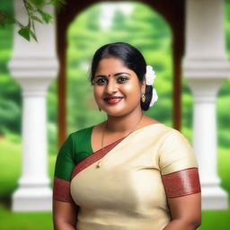 A portrait of a chubby Malayali (Mallu) aunty wearing traditional Kerala attire, with a warm and friendly expression