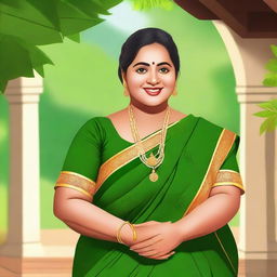 A portrait of a chubby Malayali (Mallu) aunty wearing traditional Kerala attire, with a warm and friendly expression