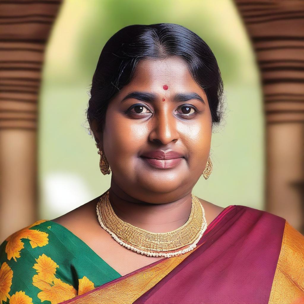 A portrait of a chubby Tamil aunty wearing traditional attire