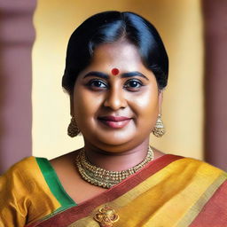 A portrait of a chubby Tamil aunty wearing traditional attire