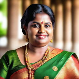 A portrait of a chubby Tamil aunty wearing traditional attire