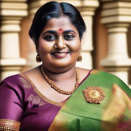 A portrait of a chubby Tamil aunty wearing traditional attire