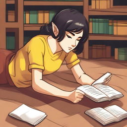 A half-elf female with a side cut hairstyle, short black hair, and brown eyes is lying on the floor in a library, reading a book