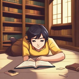 A half-elf female with a side cut hairstyle, short black hair, and brown eyes is lying on the floor in a library, reading a book