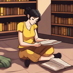 A half-elf female with a side cut hairstyle, short black hair, and brown eyes is lying on the floor in a library, reading a book