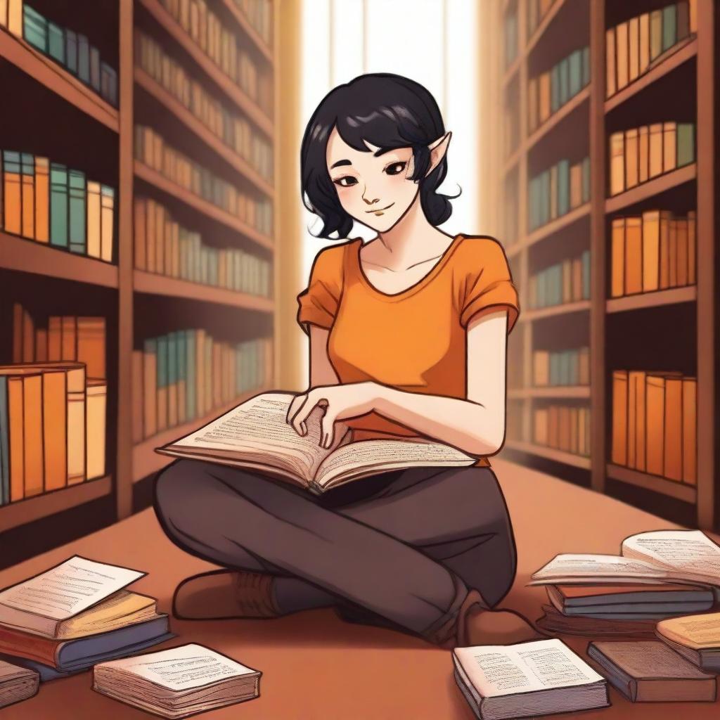 A half-elf female with a side cut hairstyle, short black hair, and brown eyes is lying on the floor in a library, reading a book