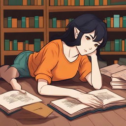 A half-elf female with a side cut hairstyle, short black hair, and brown eyes is lying on the floor in a library, reading a book