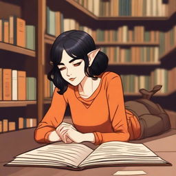 A half-elf female with a side cut hairstyle, short black hair, and brown eyes is lying on the floor in a library, reading a book