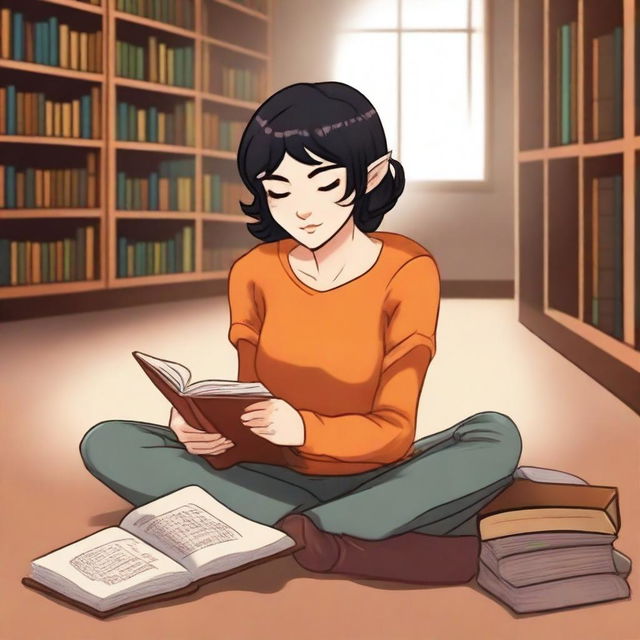 A half-elf female with a side cut hairstyle, short black hair, and brown eyes is lying on the floor in a library, reading a book