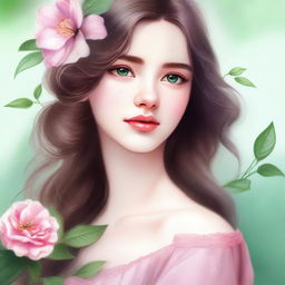 A close-up drawing of a beautiful girl with brown hair and green eyes, looking to the side while holding a pink flower