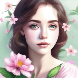 A close-up drawing of a beautiful girl with brown hair and green eyes, looking to the side while holding a pink flower