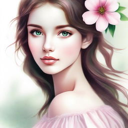 A close-up drawing of a beautiful girl with brown hair and green eyes, looking to the side while holding a pink flower