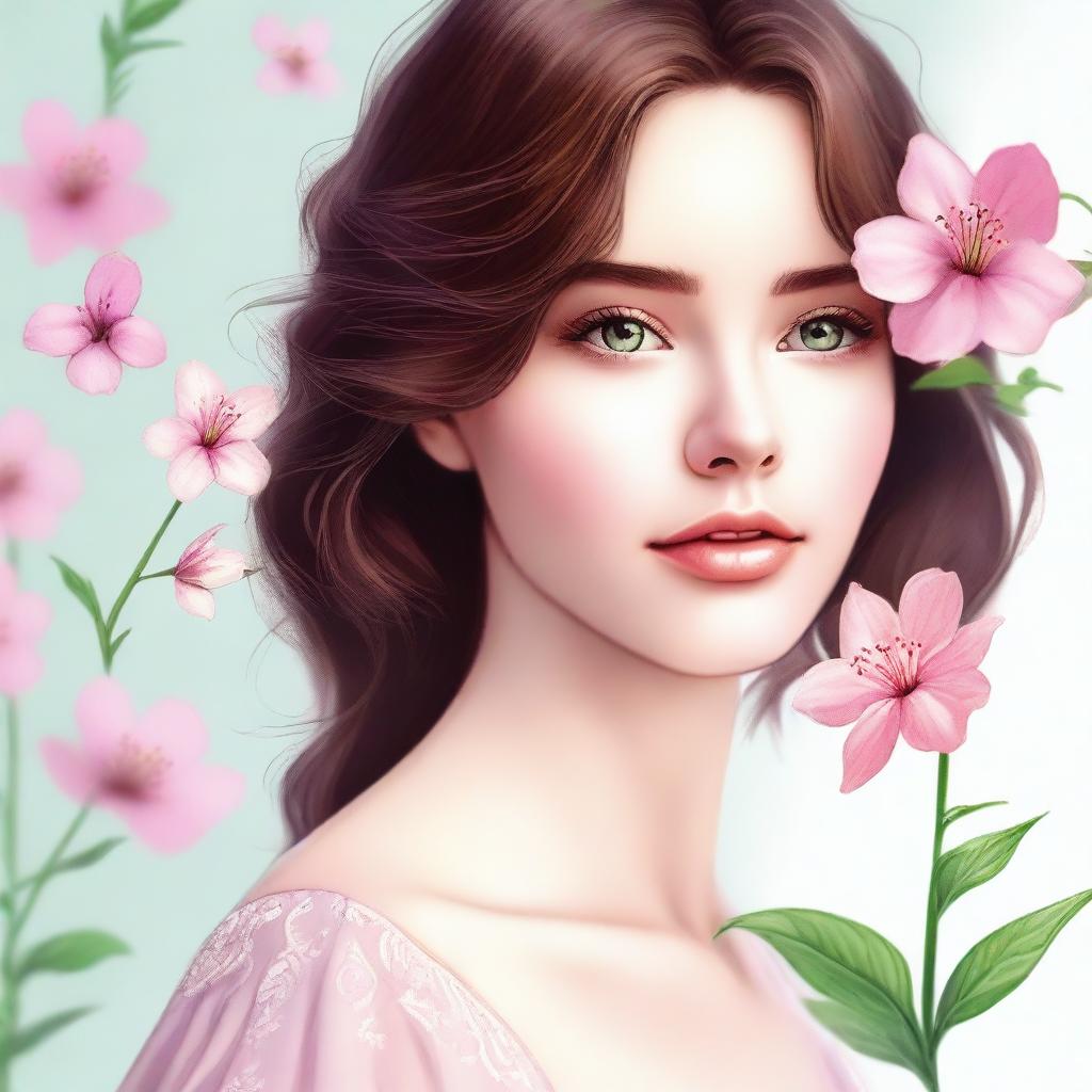 A close-up drawing of a beautiful girl with brown hair and green eyes, looking to the side while holding a pink flower