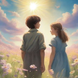 A heartfelt scene depicting two adult siblings standing together in a vast meadow of blooming flowers, symbolizing hope and dreams