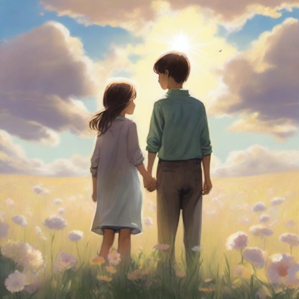 A heartfelt scene depicting two adult siblings standing together in a vast meadow of blooming flowers, symbolizing hope and dreams