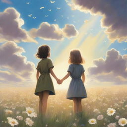 A heartfelt scene depicting two adult siblings standing together in a vast meadow of blooming flowers, symbolizing hope and dreams