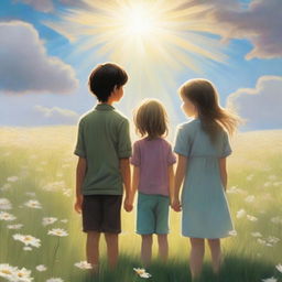 A heartfelt scene depicting two adult siblings standing together in a vast meadow of blooming flowers, symbolizing hope and dreams