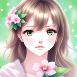 A close-up pastel drawing of a beautiful anime girl with brown hair and green eyes, looking to the side while holding a pink flower