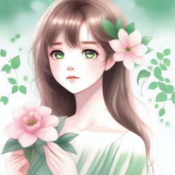 A close-up pastel drawing of a beautiful anime girl with brown hair and green eyes, looking to the side while holding a pink flower