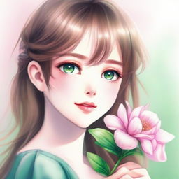 A close-up pastel drawing of a beautiful anime girl with brown hair and green eyes, looking to the side while holding a pink flower