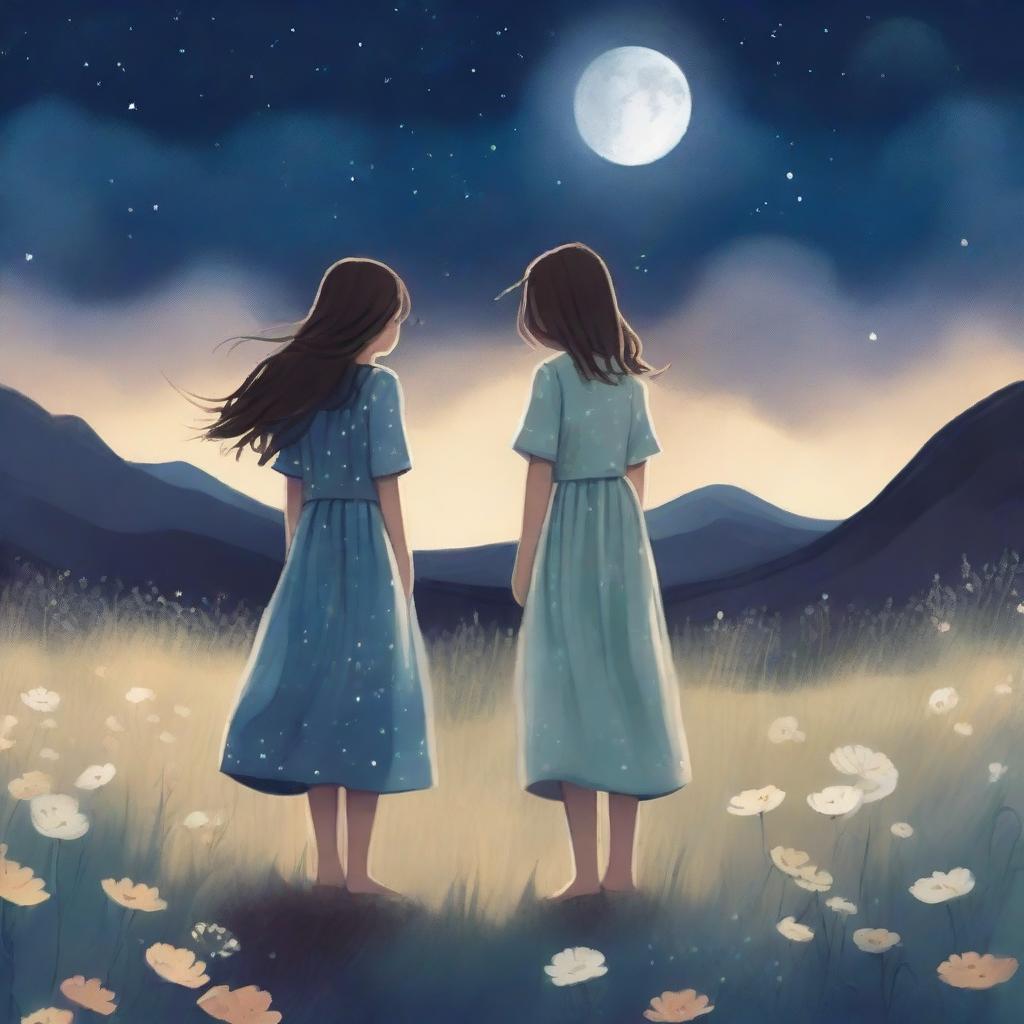 A heartfelt scene depicting two adult siblings standing together in a vast meadow of blooming flowers under a night sky