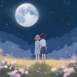 A heartfelt scene depicting two adult siblings standing together in a vast meadow of blooming flowers under a night sky