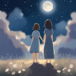 A heartfelt scene depicting two adult siblings standing together in a vast meadow of blooming flowers under a night sky