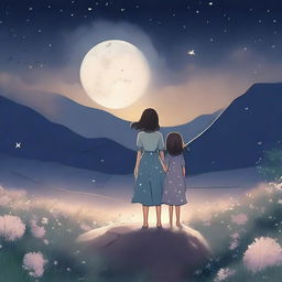 A heartfelt scene depicting two adult siblings standing together in a vast meadow of blooming flowers under a night sky