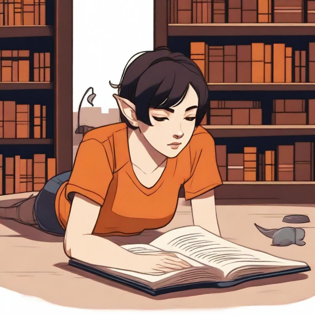 A half-elf female with a side cut hairstyle, featuring short black hair and brown eyes, is lying on the floor of a cozy library