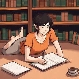 A half-elf female with a side cut hairstyle, featuring short black hair and brown eyes, is lying on the floor of a cozy library