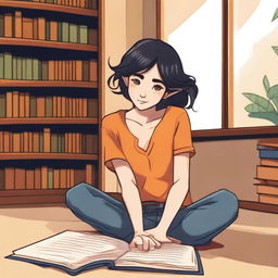 A half-elf female with a side cut hairstyle, featuring short black hair and brown eyes, is lying on the floor of a cozy library