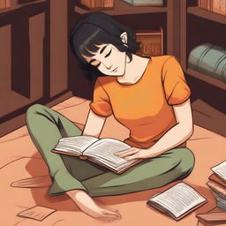 A half-elf female with a side cut hairstyle, featuring short black hair and brown eyes, is lying on the floor of a cozy library