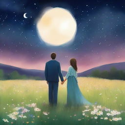 A heartfelt scene depicting a man and a woman standing together in a vast meadow of blooming flowers under a night sky